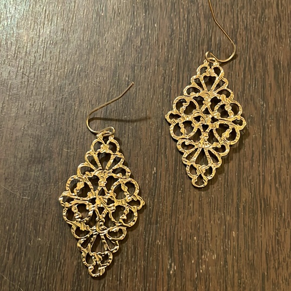 1928 Goldtone Filagree Diamond Drop Earrings - Picture 2 of 5